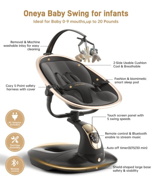 Baby Swing for Infants to Toddler, Electric Baby Swing with Sturdy Shield-Shaped Base, 180° Rotation Portable Infant Swing with 5 Speeds & 12 Lullabies for Newborn Baby Boy Girl Up to 20 lbs, Black - Image 9