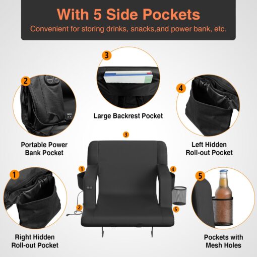 Suteck 2 pcs Dual-Sided Heated Stadium Seats for Bleachers with Back Support, 25" Portable Heated Bleacher Seat with Backrest, 3 Heat Levels, 5 Pockets – Ideal for Outdoor Stadiums and Events - Black - Image 4