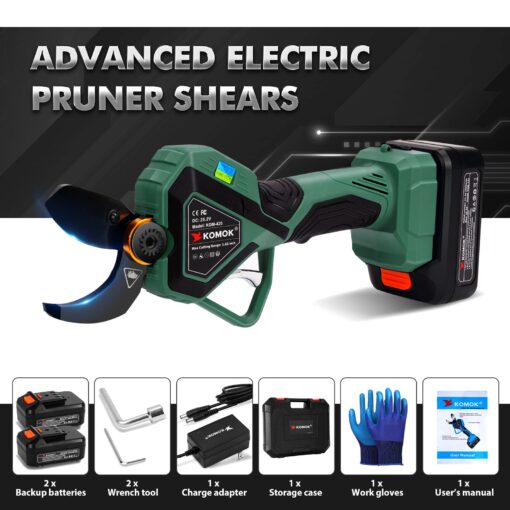 KOMOK Electric Pruning Shears, Professional Cordless Electric Pruners Battery Powered Tree Branch Cutter with 2 Rechargeable 2 Ah Lithium Batteries, 1.65" (42mm) Cutting Diameter 8-10 Working Hours - Image 2