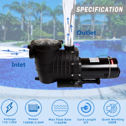 TOPWAY 2HP 110v Swimming Pool Pump 111GPM Filter Garden lnground and Above Ground Pools Water Pump - Image 7