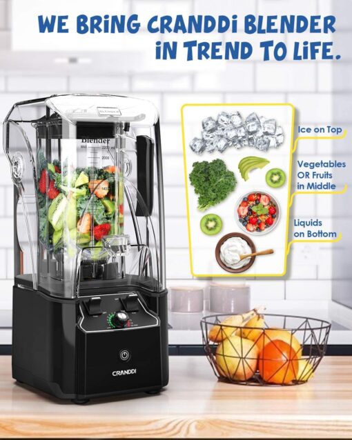CRANDDI Quiet Commercial Blender with Soundproof Shield, 2200 Watt Professional Blenders for Kitchen with 80oz Jar and Self-Cleaning, High-Speed Blenders K90 Black - Image 4