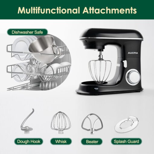 Aucma Stand Mixer,8.5QT 900W Tilt-Head, Large Capacity Kitchen Electric Mixer with Dough Hook, Wire Whip & Beater (Black, 8.5QT) - Image 3