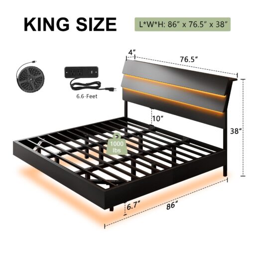 Feonase King Size Floating Bed Frame with Led Lights and Charging Station, Wood King Bed Frame with Storage Headboard, Heavy Duty Metal Slats, No Box Spring Needed, Easy Assembly, Black - Image 8