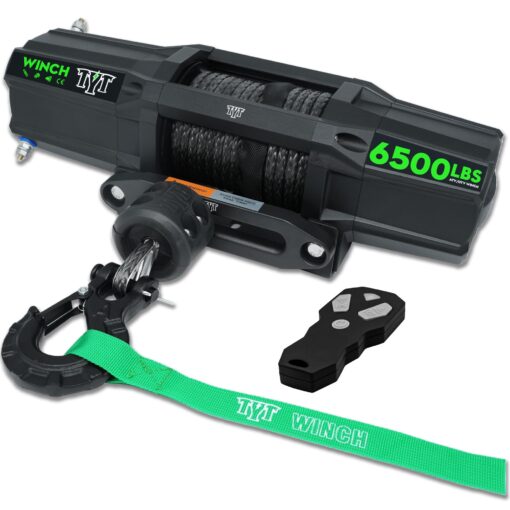 TYT 6500 lb UTV Winch Kit,12 Volt DC Electric Trailer Winch with Wireless Remote and Wired Switch,1/4" x 50FT Synthetic Rope Winch with Rubber Stopper and Mounting Plate