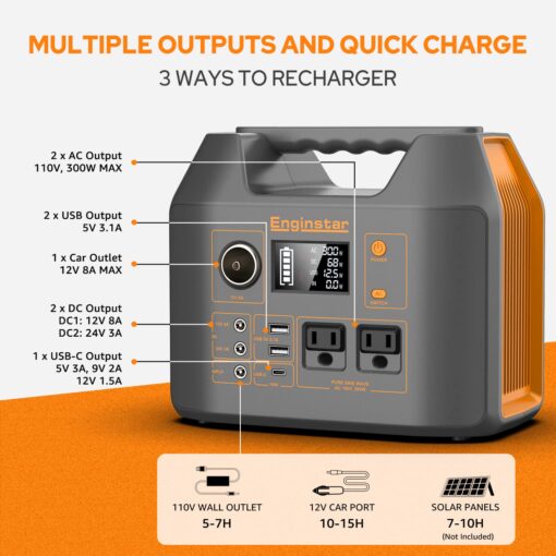 Portable Power Station EnginStar 300W Solar Generator 110V 296Wh Power Bank Two Pure Sine Wave AC Outlet 80000mAh Lithium Battery Pack for Camping Outdoors Trip RV Hunting Vans Emergency Backup - Image 8