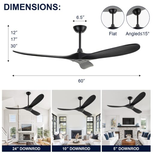 ZIMOFLL 60 inch Ceiling Fans Without Lights, Wet Rated Black Outdoor Ceiling Fans for Patios Outside Porch, 3 Blade Wood Ceiling Fan no Light with Remote Control, High CFM 6 Speeds, Quiet DC Motor - Image 5