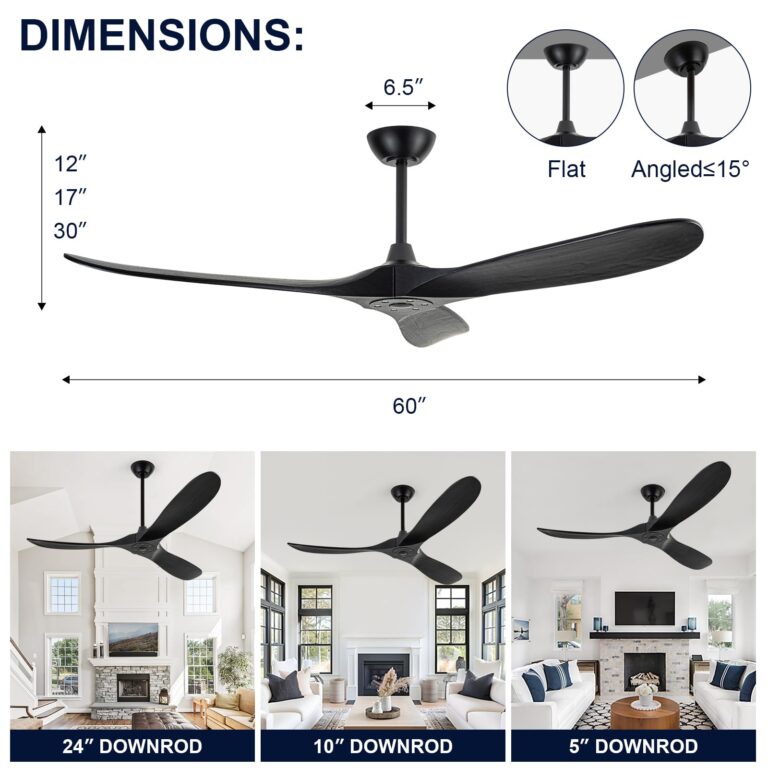 ZIMOFLL 60 inch Ceiling Fans Without Lights, Wet Rated Black Outdoor Ceiling Fans for Patios Outside Porch, 3 Blade Wood Ceiling Fan no Light with Remote Control, High CFM 6 Speeds, Quiet DC Motor - Image 5