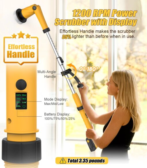 Qimedo Electric Spin Scrubber Extra Large Brush Q3,6000 mAh Best Battery Power Scrubber for Cleaning,1200RPM Shower Cordless Cleaning Brush with 8 Brushes for Bath/Tub/Tile/Floor (Smart Display) - Image 6
