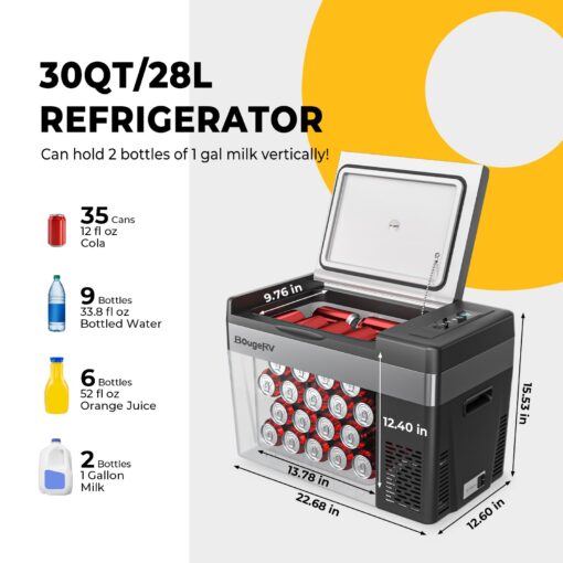 BougeRV 12 Volt Refrigerator 12V Car Fridge 30 Quart Portable Freezer Compressor Cooler Compressor Freezer, 12/24V DC 110~240V AC, -7℉~50℉ for Truck RV SUV (Black) - Image 4