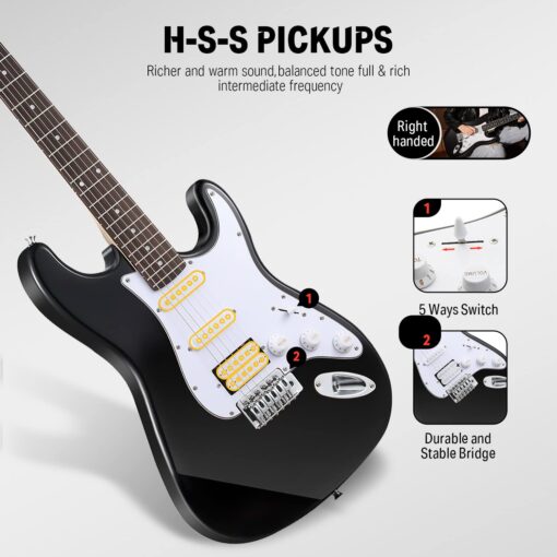 Donner DST-100B 39 Inch Electric Guitar Beginner Kit Solid Body Full Size Black HSS for Starter, with Amplifier, Bag, Digital Tuner, Capo, Strap, String,Cable, Picks - Image 4