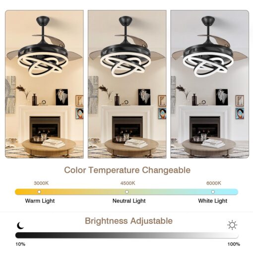 TXCSLY Retractable Ceiling Fan, 42 Inch Chandelier Ceiling Fan with Light, Modern Fandelier Ceiling Fan for Bedroom Living Room Dinning Room, Reverse Motor, 3 Color Temperature, 6 Wind Speed, Black - Image 6