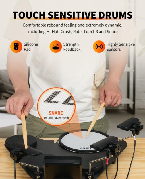 LEKATO Electronic Drum Set, Portable Electric Drum Set for Beginner with Quiet Mesh Snare Drum Pads, 220+ Sounds, USB MIDI, 2 Switch Pedal, Electric Drum Kit with Sticks, Travel Bag - Image 8