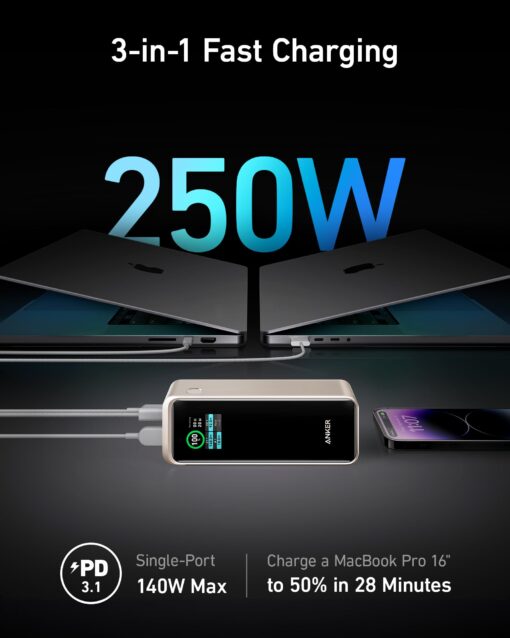 Anker Prime Power Bank, 27,650mAh 3-Port 250W Portable Charger for Travel, TSA-Approved, Smart App, for MacBook Pro/Air, iPhone 16/15/14 Series, Samsung, Laptops, and More (Charging Base Not Included) - Image 6