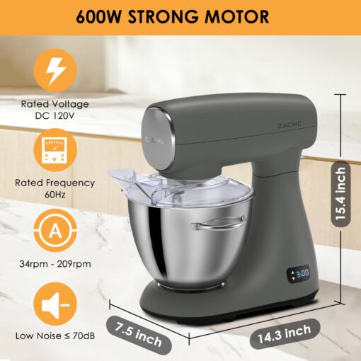 ZACME Mixers Kitchen Electric Stand Mixer 5.5QT 600W, Aluminum die casting and Gears, Dual Cooling System, Low Noise, DC Motor, LED Display and Timing Function, Tilt-head Metal Food Mixer, Grey - Image 3
