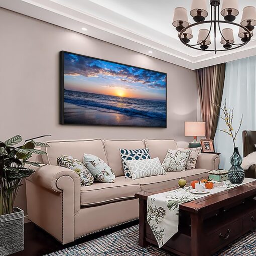 Blue Ocean Framed Wall Decor Living Room Large Size Canvas Wall Art For Bedroom Boho Home Decor Sea Beach Canvas Pictures Artwork Sunny Sea View Painting Office Wall Decorations Black Framed 30" X 60" - Image 6