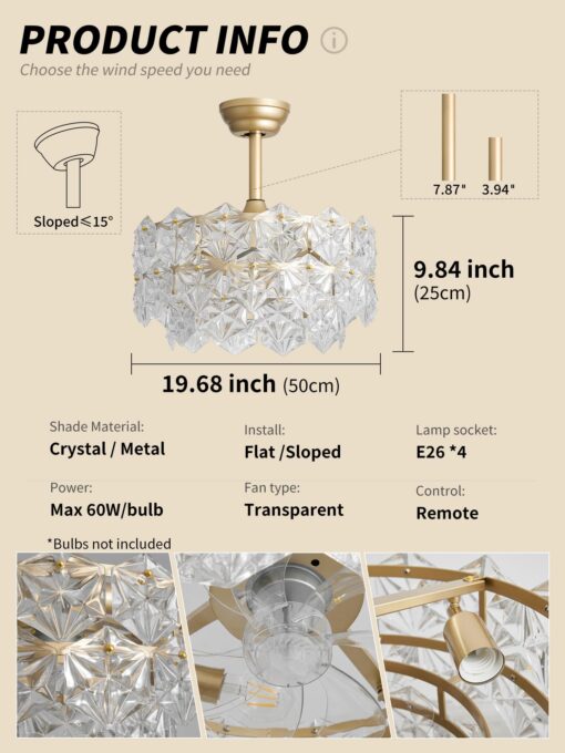 SYDACG 20" Gold Crystal Fandelier Ceiling Fan with Light, Mid-Century Chandelier Ceiling Fan with Light Remote Control, Modern Caged Enclosed 6 Speeds for Bedroom, Nursery, Foyer, Living Room - Image 6