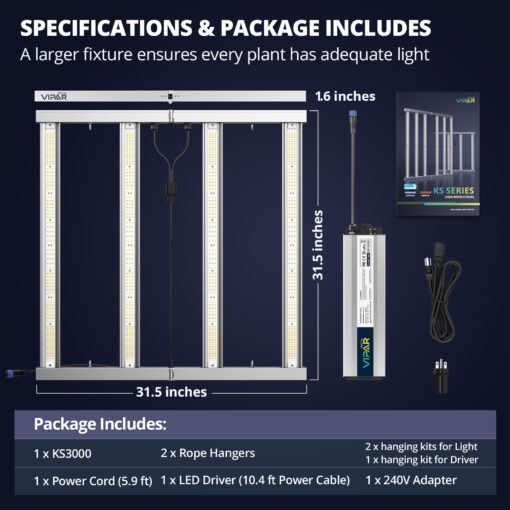 VIPARSPECTRA KS3000 LED Grow Light 320 watt with Samsung LM301H Diodes, Uniform PPFD Dimmable Daisy Chain 4 Bars Grow Lights for Indoor Plants Full Spectrum Plant Growing Lamps in 3x3 Grow Tent - Image 2