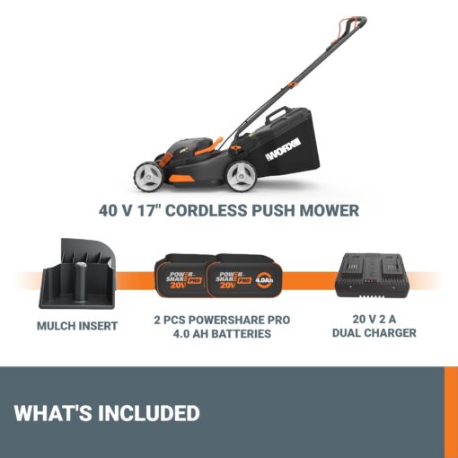 WORX 40V 17" Cordless Lawn Mower for Small Yards, 2-in-1 Electric Mower Cuts Quiet, Compact & Lightweight Push Lawn Mower with 7-Position Height Adjustment – 2 Batteries & Charger Included - Image 2