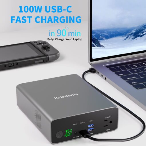 Krisdonia Portable Power Bank, 296Wh/80000mAh Portable Laptop Charger Battery Backup with 110V/130W AC Socket, PD 100W USB-C Port and 2 USB QC3.0 Ports for Outdoor Camping Trip Hunting Emergency - Image 6