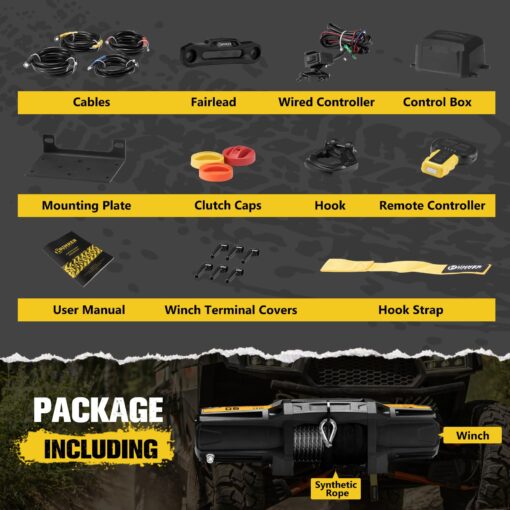 BUNKER INDUST 6000lb Electric Winch 12V Waterproof with Synthetic Rope Hawse Fairlead Kit for Offroad UTV ATV,Recovery Winch with Both Wireless Handheld Remote and Corded Control - Image 4