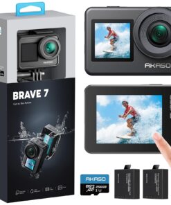 AKASO Brave 7 Action Camera 4K30FPS 20MP with 256GB U3 MicroSDXC Memory Card, Waterproof Camera with Touch Screen IPX8 33FT EIS 2.0 Zoom Support External Mic Voice Control with 2X 1350mAh Batteries