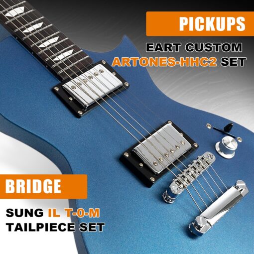 EART EGLP-610 Electric Guitar Solid-Body Electric Guitar,Custom Alnico-II Humbuckers, Satin Sapphire Blue, Satin Gunmetal Black, Satin Honey Tea - Image 6