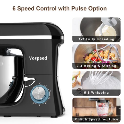Vospeed 9 IN 1 Stand Mixer, 850W Tilt-Head Multifunctional Electric Mixer with 8 QT Stainless Steel Bowl, 1.5L Glass Jar, Meat Grinder, Hook, Whisk, Beater Dishwasher Safe (Black) - Image 4