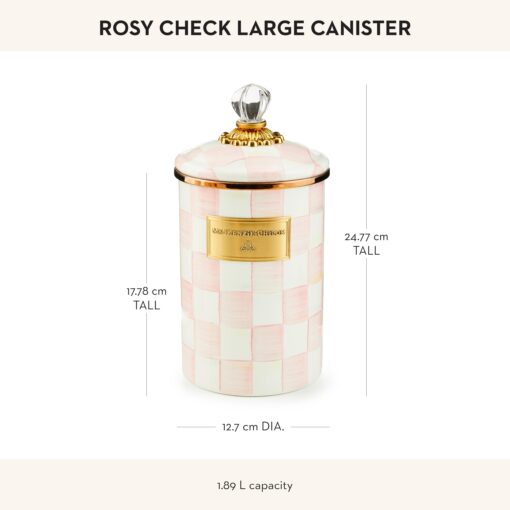 MACKENZIE-CHILDS Large Enamel Canister, Kitchen Storage Container for Flour and Sugar, 1.89 Liters, Pink-and-White Rosy Check - Image 4
