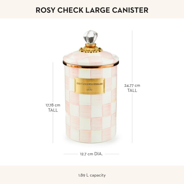 MACKENZIE-CHILDS Large Enamel Canister, Kitchen Storage Container for Flour and Sugar, 1.89 Liters, Pink-and-White Rosy Check - Image 4