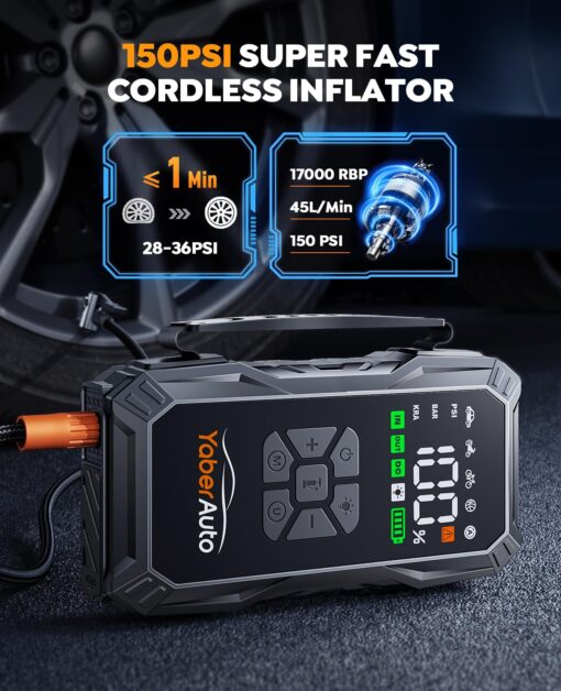 YaberAuto 9-in-1 Jump Starter with Air Compressor 5500A 150PSI Portable Car Battery Jump Starter (All Gas/10L Diesel), Jump Box Car Battery Jumper Starter Portable Jumper Cables, 150W DC, Lights - Image 6