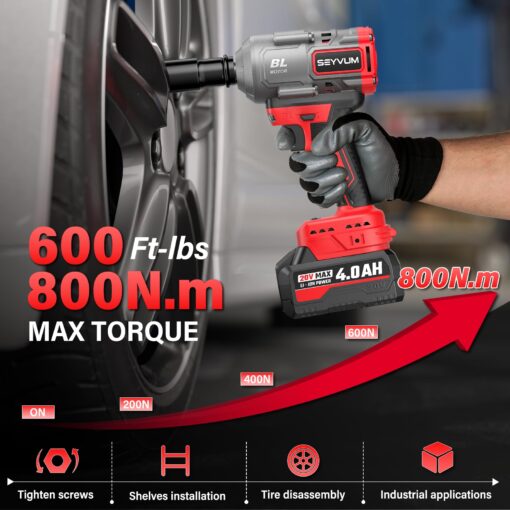 SEYVUM Cordless Impact Wrench, 1/2” Max Torque 600 Ft-lbs / 800 N.m Powerful Impact Gun, 20V 3500RPM Electric Impact Driver, 2 x 4.0Ah Battery & Fast Charger, 6 Impact Sockets, Carrying Case Included - Image 5