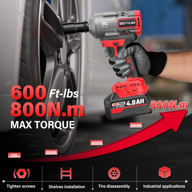 SEYVUM Cordless Impact Wrench, 1/2” Max Torque 600 Ft-lbs / 800 N.m Powerful Impact Gun, 20V 3500RPM Electric Impact Driver, 2 x 4.0Ah Battery & Fast Charger, 6 Impact Sockets, Carrying Case Included - Image 5
