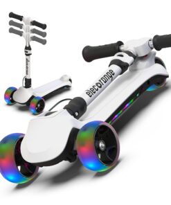 Elecorange 3 Wheel Electric Scooter for Kids, Light Up Deck, Big Flashing Wheels, Thumb Throttle, Adjustable Heights, Foldable, Lightweight, 5mph, Lightweight, Toddler Electric Scooter Ages 5-8, Black