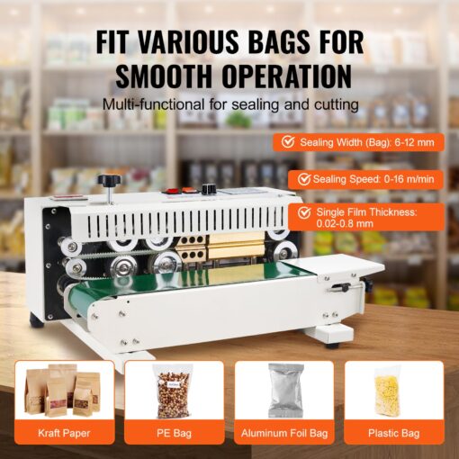 VEVOR Continuous Bag Band Sealing Machine FR770A Horizontal Bag Sealer with Digital Temperature Control Band Sealer Machine for 0.02-0.08 mm Plastic Bags Continuous Band Sealer with Printing Function - Image 6