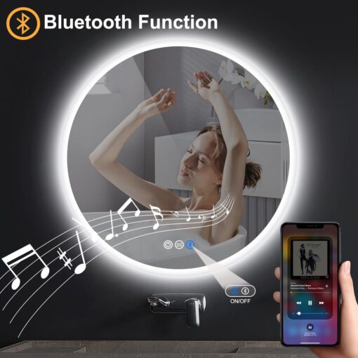S·BAGNO 24’’ Round Led Bathroom Mirror with Lights, Backlit and Front Lighted, Anti-Fog Wall-Mounted Vanity Mirror 3000K/4000K/6500K, Dimmable Inside Bluetooth Speaker Smart Mirror - Image 6