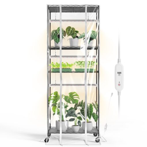 Bstrip Indoor Greenhouse with Grow Light, Metal Plant Stand, 3 Pack T8 2FT Full Spectrum Plant Lights, Timer, Black, 23.5"x13.8"x59"