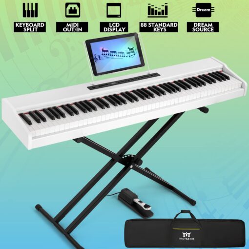 MUSTAR Digital Piano 88 Key Weighted with Stand, 88 Key Semi Weighted Keyboard Piano MEP-1000, Portable Electric Piano Keyboard 88 Keys with Bluetooth Connection, Case, Sustain Pedal, MDF, White - Image 6