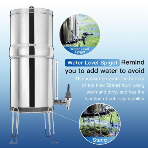 FACHIOO Gravity-Fed Water Filter System, 3.25G Stainless-Steel Countertop System with 2 Black NSF/ANSI 42 Certification Elements, 2 Fluoride, Metal Water Level Spigot, Reduces Fluoride and Chlorine - Image 5