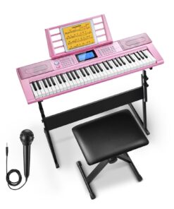 Donner Keyboard Piano 61 Key, Electric Keyboard Kit with 249 Voices, 249 Rhythms - Includes Piano Stand, Stool, Microphone, Gift for Beginners, Pink(DEK-610S)