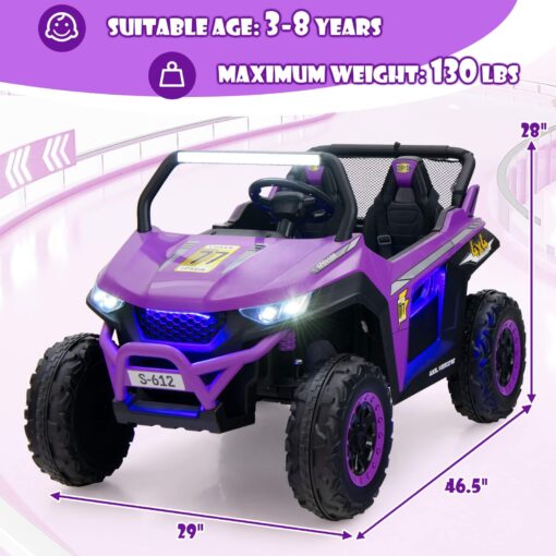 OLAKIDS 2 Seater Ride on Car for Kids, 12V UTV Kids' Electric Vehicles with Remote Control, Spring Suspension, Soft Start, Music Bluetooth FM, Battery Powered for Ages 3-8 (Purple) - Image 4