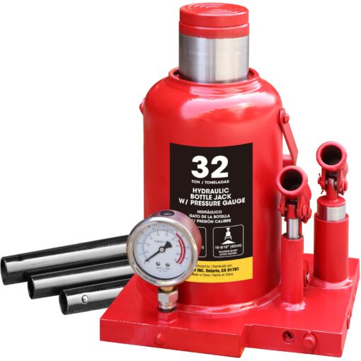 TCE 32 Ton (64,000 LBs) Torin Heavy Duty Professional Double Piston Car Bottle Jack with Gauge for Construction Stabilization, Red, ATH932001BU