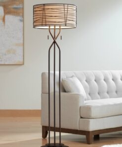 Franklin Iron Works Marlowe Industrial Rustic Farmhouse Floor Lamp Standing 60 1/2" Tall Bronze Woven Iron Metal Burlap Fabric Double Drum Shade for Living Room Reading Bedroom Office House Home