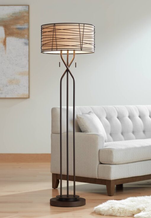 Franklin Iron Works Marlowe Industrial Rustic Farmhouse Floor Lamp Standing 60 1/2" Tall Bronze Woven Iron Metal Burlap Fabric Double Drum Shade for Living Room Reading Bedroom Office House Home
