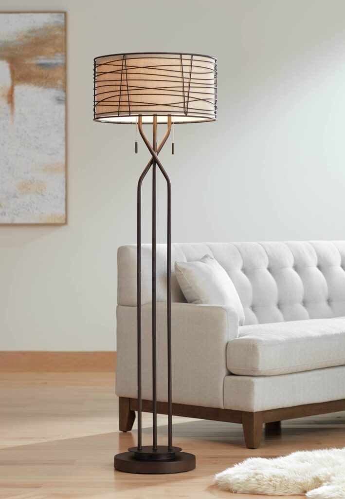 Franklin Iron Works Marlowe Industrial Rustic Farmhouse Floor Lamp Standing 60 1/2" Tall Bronze Woven Iron Metal Burlap Fabric Double Drum Shade for Living Room Reading Bedroom Office House Home