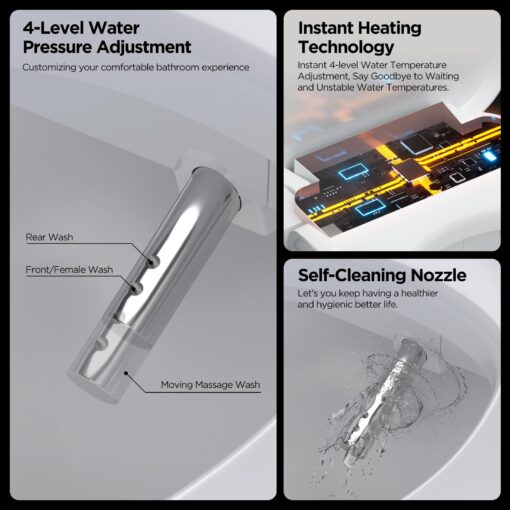 Electric Smart Bidet Seat - Heated & Elongated Design with Warm Water Wash, Wireless Remote, and Self-Cleaning Nozzle | Includes Soft-Closing Lid, LED Nightlight & Air Dryer - Image 6