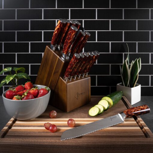 SENKEN 16-Piece Natural Acacia Wood Kitchen Knife Block Set - Japanese Chef's Knife Set with Laser Damascus Pattern, Includes Steak Knives, Kitchen Shears, Santoku, Cleaver & More (Red Resin Handles) - Image 9
