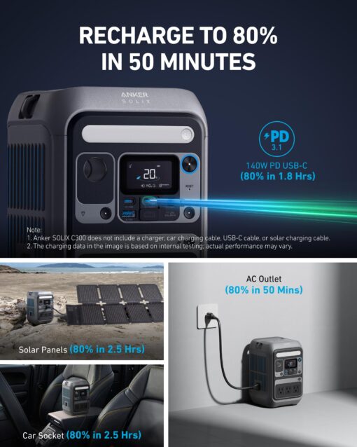 Anker SOLIX C300 Portable Power Station, Outdoor 288Wh LiFePO4 Battery, 300W (600W Surge) Solar Generator, 140W Two-Way Fast Charging, for Camping, Traveling, and Emergencies (Solar Panel Optional) - Image 4