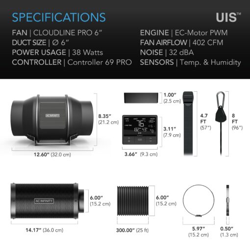 AC Infinity Air Filtration PRO Kit 6”, Inline Fan, Temperature Humidity VPD Controller with WiFi App Control, Carbon Filter, Ducting, Ventilation System for Grow Tents, Hydroponics, Indoor Gardening - Image 3