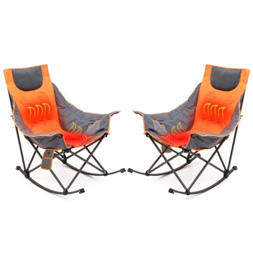 SUNNYFEEL Oversized Heated Camping Chair 2 Pack, Folding Rocking Camping Chairs with Luxury Padded Recliner,Carry Bag, 500 LBS Heavy Duty for Lawn/Outdoor/Picnic/Patio, Portable Rocker Camp Chair