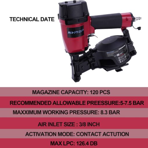 BHTOP CN45N Roofing Nailer, 15 Degree Roofing Nail Gun, 3/4-Inch to 1-3/4-Inch Coil Nails, 120-pcs Load Capacity Coil Nailer in Red - Image 3